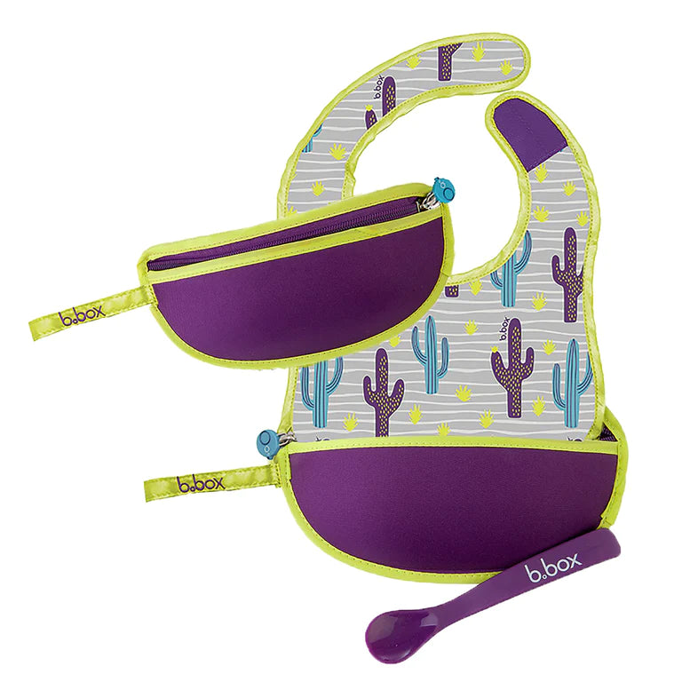 B.Box Travel Bib & Flexible Soft Bite Spoon Set - Pine Splice Yellow Grey